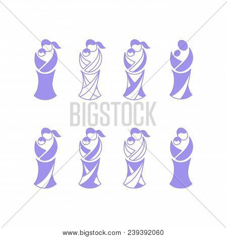 Vector Symbol Of Parenthood, Breastfeeding And Sling. Illustration Of Mother Wearing Baby In Sling. 