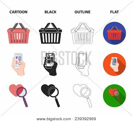 Hand, Mobile Phone, Online Store And Other Equipment. E Commerce Set Collection Icons In Cartoon, Bl