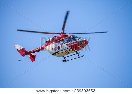 Delmenhorst / Germany - May 06, 2018: Eurocopter Bk-117 From Drf Luftrettung Flies Over Landing Side