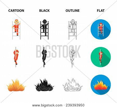 Fireman, Flame, Fire Truck. Fire Department Set Collection Icons In Cartoon, Black, Outline, Flat St