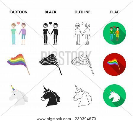 Flag, Unicorn Symbol, Arrows With Heart.gay Set Collection Icons In Cartoon, Black, Outline, Flat St