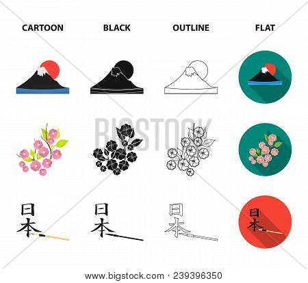 Geta, Sakura Flowers, Bamboo, Hieroglyph.japan Set Collection Icons In Cartoon, Black, Outline, Flat