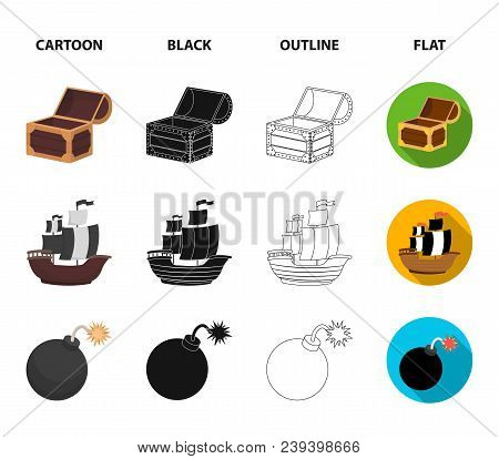 Pirate, Bandit, Ship, Sail .pirates Set Collection Icons In Cartoon, Black, Outline, Flat Style Vect