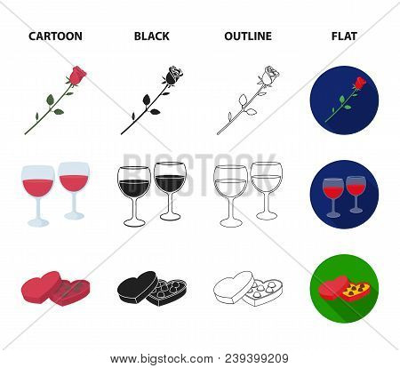 Glasses With Wine, Chocolate Hearts, Bears, Valentine.romantik Set Collection Icons In Cartoon, Blac
