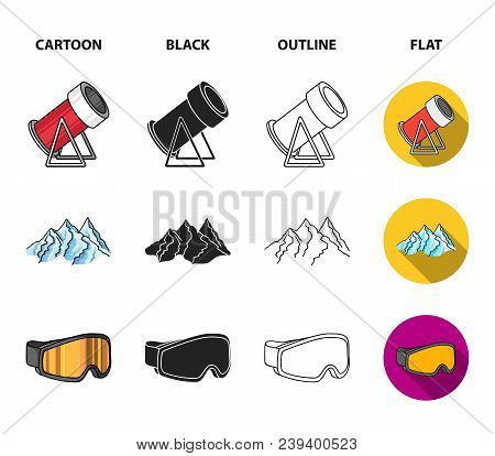 Mountains, Goggles, An Igloo, A Snowboard. Ski Resort Set Collection Icons In Cartoon, Black, Outlin