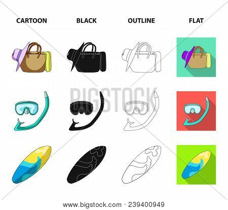 Diving, Surfing, Cocktail.summer Vacation Set Collection Icons In Cartoon, Black, Outline, Flat Styl