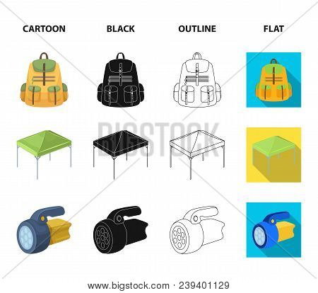Awning, Fire And Other Tourist Equipment.tent Set Collection Icons In Cartoon, Black, Outline, Flat 