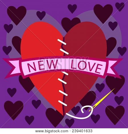 The Red Heart Is Sewn With Threads On The Background Of Other Hearts.