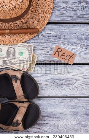 Holydays Rest Essentials Flat Lay. Top View. Woolden Desk Surface Background.