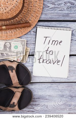 Time To Travel Vacation Concept. Wanderlast, Flat Lay, Top View.