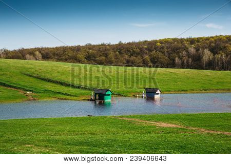 Fish Farm At Small Lake Or Artificial Pond For Breeding Freshwater Fish Among Green Meadows.
