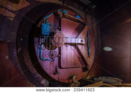 Large Hermetic Door Of Airlock Of Abandoned Bunker.