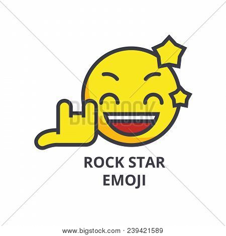 Rock Star Emoji Vector Line Icon, Sign, Illustration On White Background, Editable Strokes
