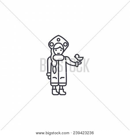 Snow Maiden With A Bird Vector Line Icon, Sign, Illustration On White Background, Editable Strokes