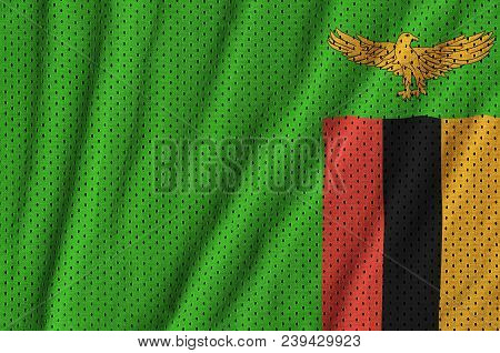Zambia Flag Printed On A Polyester Nylon Sportswear Mesh Fabric With Some Folds