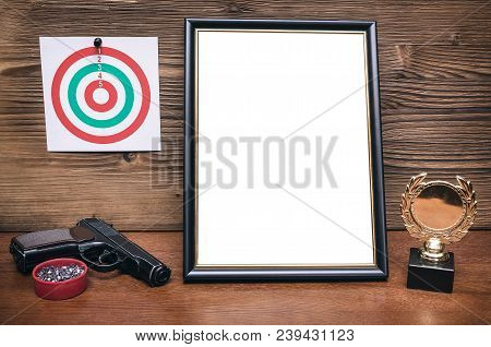Best Shooter Diploma. First Place Winner In Shooting. Professional Shooter Certificate Mock Up. Gun,