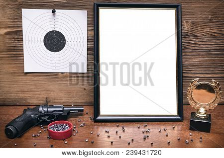 Best Shooter Diploma. First Place Winner In Shooting. Professional Shooter Certificate Mock Up. Gun,