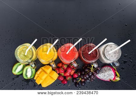 Set Fresh Range Color Juices Smoothie Green Yellow Red Violet White From Tropical Fruits Kiwi Mango 