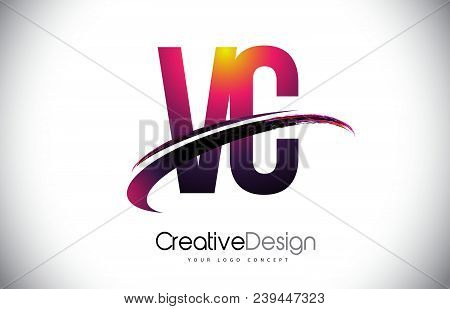 Vc V C Purple Letter Logo With Swoosh Design. Creative Magenta Modern Letters Vector Logo Illustrati