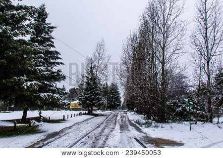 Bariloche Street With Snow - South Of Argentina