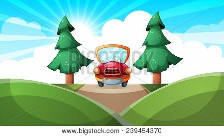 Cartoon Ladscape. Car, Road Illustration Vector Eps 10