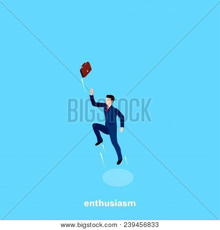 The Man In A Business Suit Jumped High And Threw The Briefcase Into The Sky, An Isometric Image