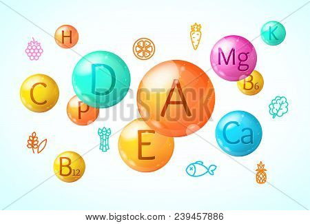 Realistic Detailed 3d Fall Vitamin And Mineral Background Card Concept Healthy Nutrition Or Diet. Ve