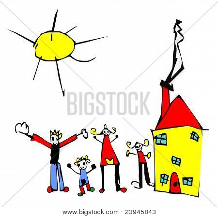 Barnets tegning af familie, solen og hus