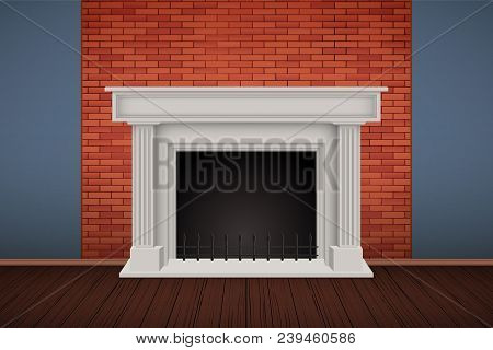 Interior Of Red Brick Wall With Fireplace And Wooden Floor. Vintage Rural Room And Fashion Interior.