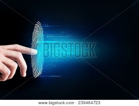 Hand Pressing On Virtual Button With Dactyloscopy Scanner. Fingerprints Identification Concept.