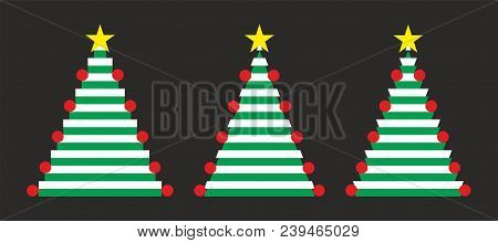 Three Simple Christmas Trees With Red Balls And Yellow Stars On The Black Background