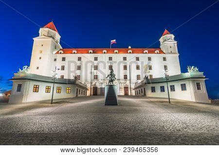 Bratislava Castle Or Bratislavsky Hrad At Night. The Main Castle Of Capital City Of Slovakia.