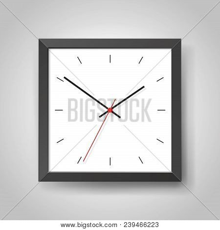 Simple Realistic Clock In Squre Black Frame On Light Gray Background. Watch On The Wall. Vector Desi