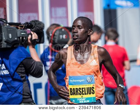 Prague, Czech Republic - May 6, 2018: Barselius Kipyego At The Finish Of The Race In Prague Volkswag