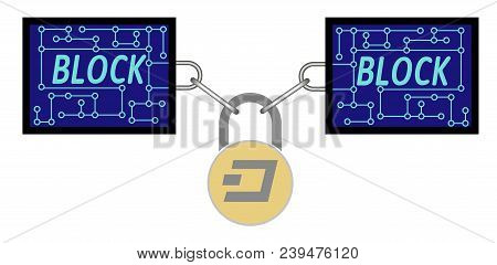 Block Chain Technology Of Dash With Secure Lock On White Background , Chain With Lock Between Blocks