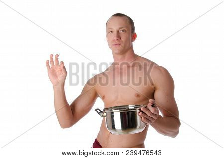 Young Sexy Cook Shirtless. Sexy Guy With No Shirt. Kitchen And Cook.