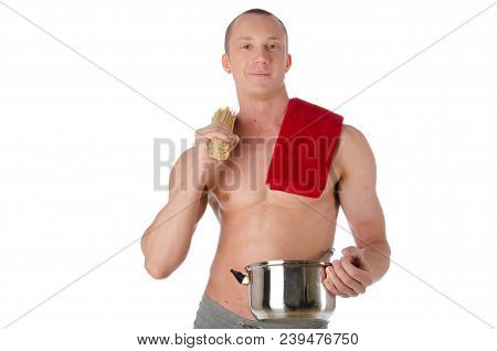 Young Sexy Cook Shirtless. Sexy Guy With No Shirt. Kitchen And Cook.