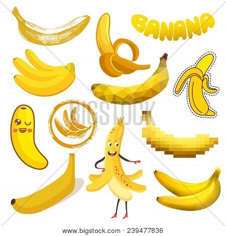 Banana Vector Yellow Tropical Fruit Or Healthy Fruity Snack Of Organic Food Diet Illustration Set Of