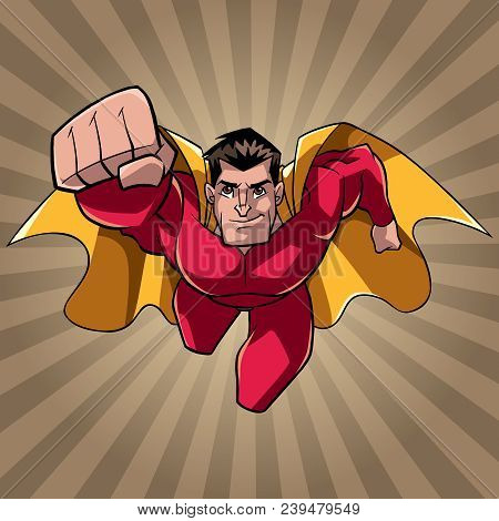 Front View Full Length Illustration Of Determined And Powerful Superhero Wearing Cape And Red Costum
