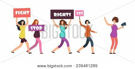 Women Protesters Walking On Manifestation. Feminism, Womens Rights And Protest Vector Concept. Illus