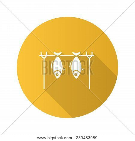 Grilled Fish Flat Design Long Shadow Glyph Icon. Drying Fish. Vector Silhouette Illustration