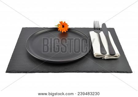 Colorful And Crisp Image Of Common Marigold And Table Setting On Slate Isolated