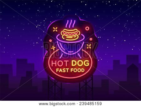 Hot Dog Neon Sign Vector. Hot Dog Logo In Neon Style Design Template, Night Neon Emblem, Light Banne