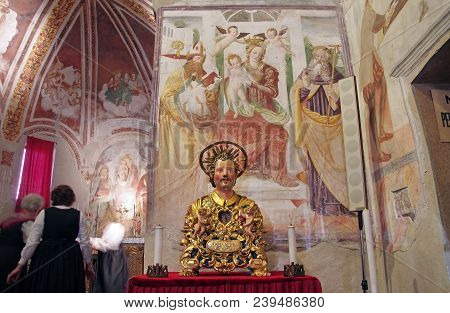 Varallo Sesia, Italy - 25 April 2018: Patron Saint Holy Ancient Relic In San Marco Medieval Rural Ch