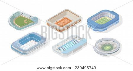 Bundle Of Isometric Stadiums For Various Types Of Sports - Basketball, Football Or Soccer, Cricket, 