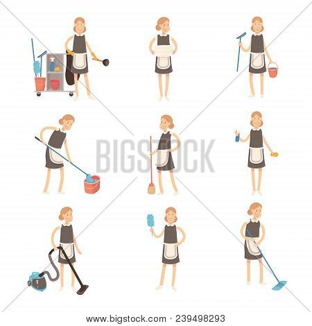 Happy Housewife Preparing To Clean Up In The Apartment She Is Standing With A Sweeper And Mop