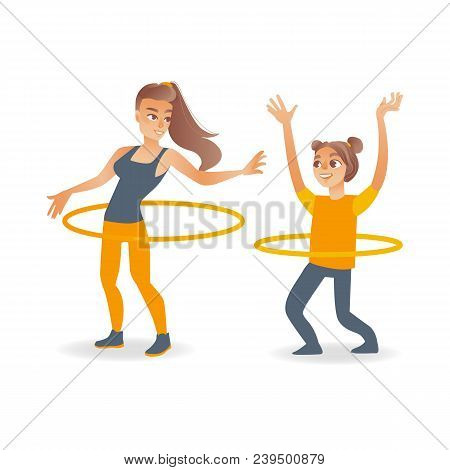 Cartoon Young Blonde Girl Kid And Adult Woman Doing Hula Hoop Rotating Workout Exercises. Active Lif