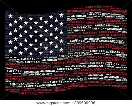American Text Items Are Arranged Into Waving American Flag Stylization On A Dark Background. Vector 