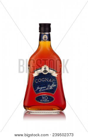 Bottle of cognac Jacques Laffitte XO Superior isolated on a white background.