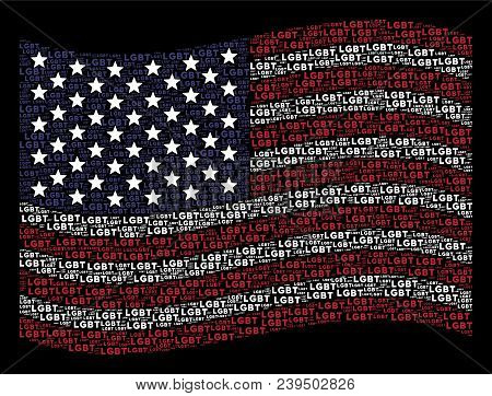 Lgbt Text Items Are Grouped Into Waving American Flag Abstraction On A Dark Background. Vector Colla